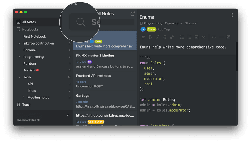 Inkdrop can search for notes globally